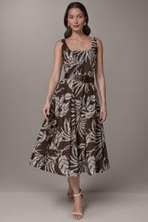 Donna Karan | SLEEVELESS SQUARE NECK PRINTED BELTED MIDI FIT AND FLARE DRESS