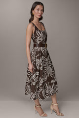 Donna Karan | SLEEVELESS SQUARE NECK PRINTED BELTED MIDI FIT AND FLARE DRESS