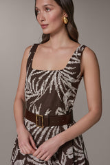 Donna Karan | SLEEVELESS SQUARE NECK PRINTED BELTED MIDI FIT AND FLARE DRESS
