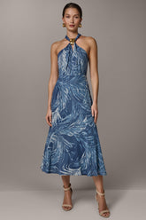 Donna Karan | SLEEVELESS PRINT MIDI HALTER DRESS