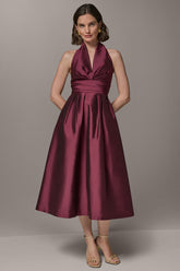 Donna Karan | SLEEVELESS V-NECK TAFFETA MIDI COCKTAIL DRESS