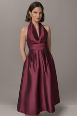 Donna Karan | SLEEVELESS V-NECK TAFFETA MIDI COCKTAIL DRESS