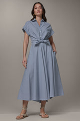 Donna Karan | SHORT SLEEVE STRIPE TIE FRONT MAXI SHIRT DRESS