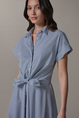 Donna Karan | SHORT SLEEVE STRIPE TIE FRONT MAXI SHIRT DRESS
