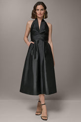 Donna Karan | SLEEVELESS V-NECK TAFFETA MIDI COCKTAIL DRESS