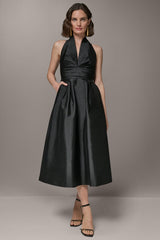 Donna Karan | SLEEVELESS V-NECK TAFFETA MIDI COCKTAIL DRESS