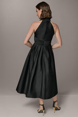Donna Karan | SLEEVELESS V-NECK TAFFETA MIDI COCKTAIL DRESS