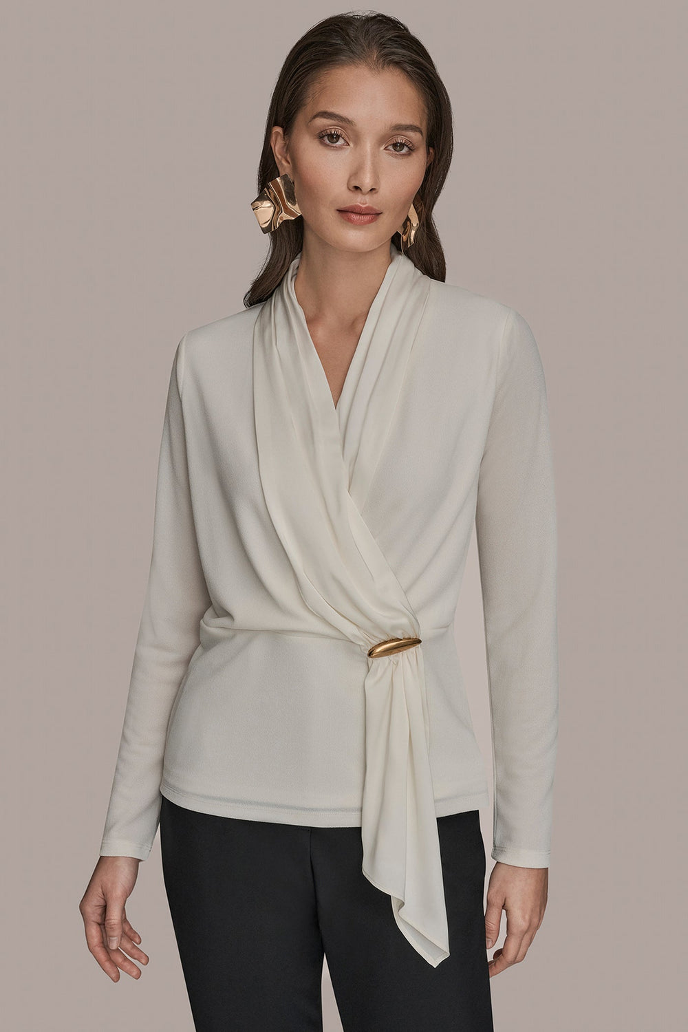 Donna Karan | LONG SLEEVE SHAWL-NECK SATIN BLOUSE