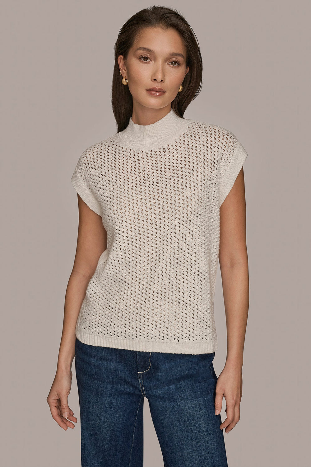 Donna Karan | SLEEVELESS MOCK-NECK OPEN STITCH SWEATER