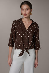 Donna Karan | ELBOW SLEEVE POLKA DOT TIE FRONT BLOUSE