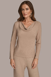 Donna Karan | METALLIC COWL-NECK RIB-KNIT BLOUSE