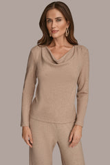 Donna Karan | METALLIC COWL-NECK RIB-KNIT BLOUSE