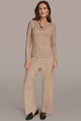 Donna Karan | METALLIC COWL-NECK RIB-KNIT BLOUSE