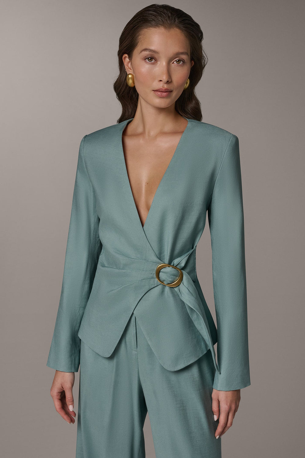 Donna Karan | LINEN-BLEND WRAP-EFFECT BUCKLE JACKET