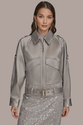 Donna Karan | COTTON-BLEND SATIN BIKER JACKET