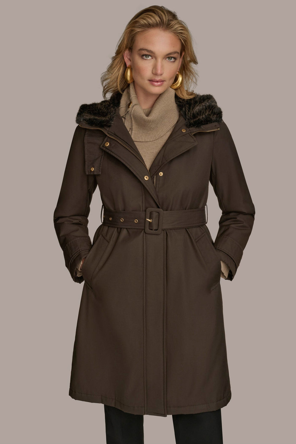 Donna Karan | FAUX FUR TRIM LINED RAIN COAT