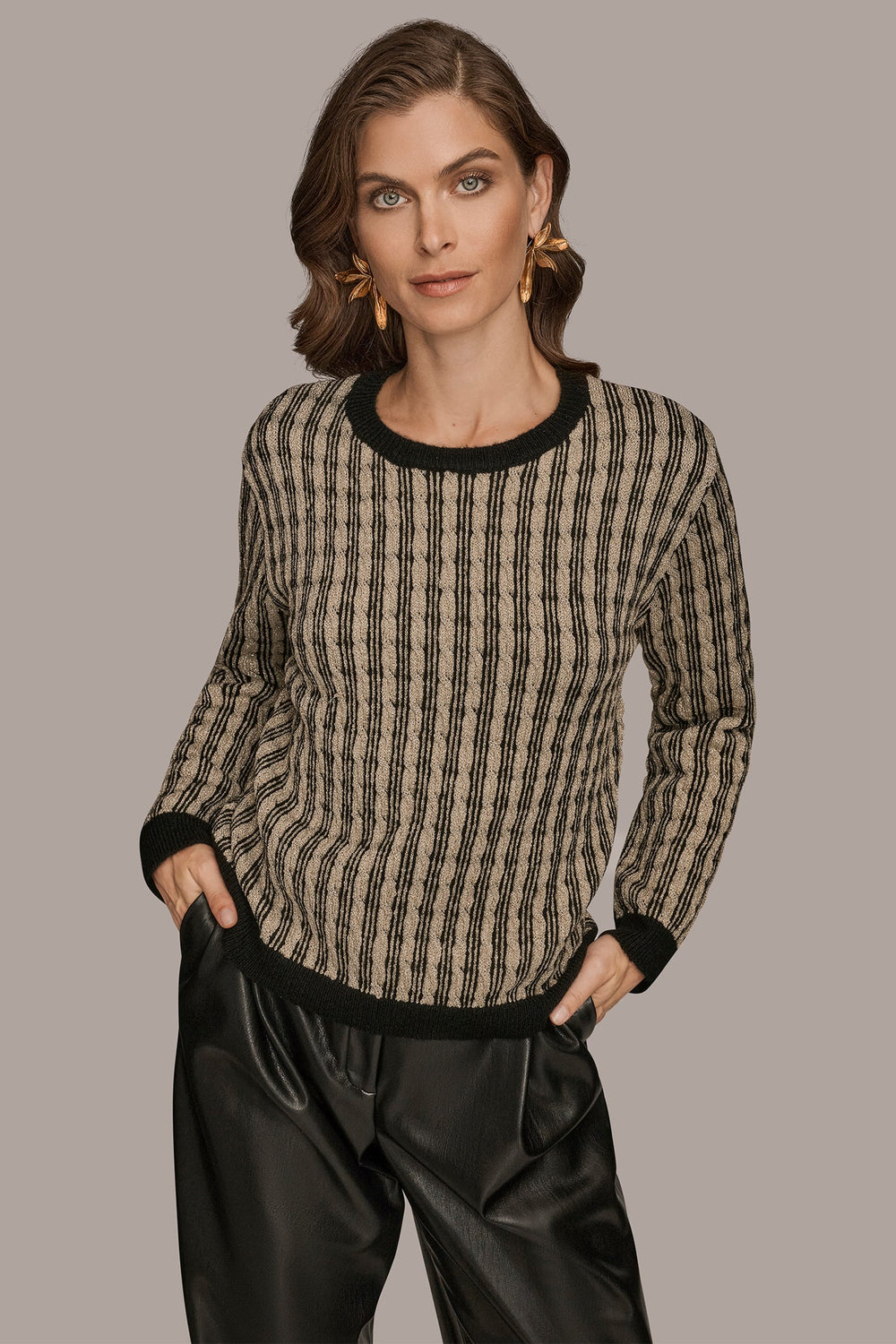 Donna Karan | METALLIC TWO-TONE CABLE-KNIT SWEATER