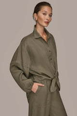 Donna Karan | LINEN BLOUSON SLEEVE TIE-FRONT SHIRT