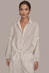 Donna Karan | LINEN BLOUSON SLEEVE TIE-FRONT SHIRT