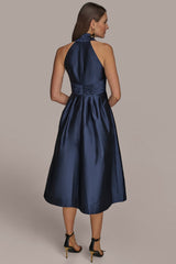 Donna Karan | SLEEVELESS V-NECK TAFFETA MIDI COCKTAIL DRESS