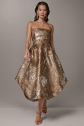 Donna Karan | BROCADE STRAPLESS PLEATED MIDI GOWN
