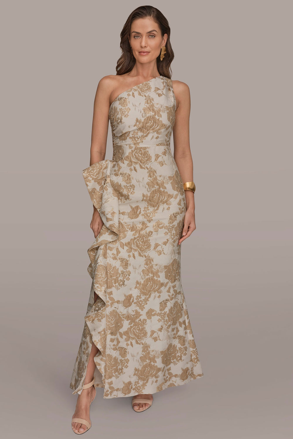 Donna Karan | FLORAL-JACQUARD ONE-SHOULDER RUFFLE GOWN