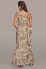 Donna Karan | FLORAL-JACQUARD ONE-SHOULDER RUFFLE GOWN