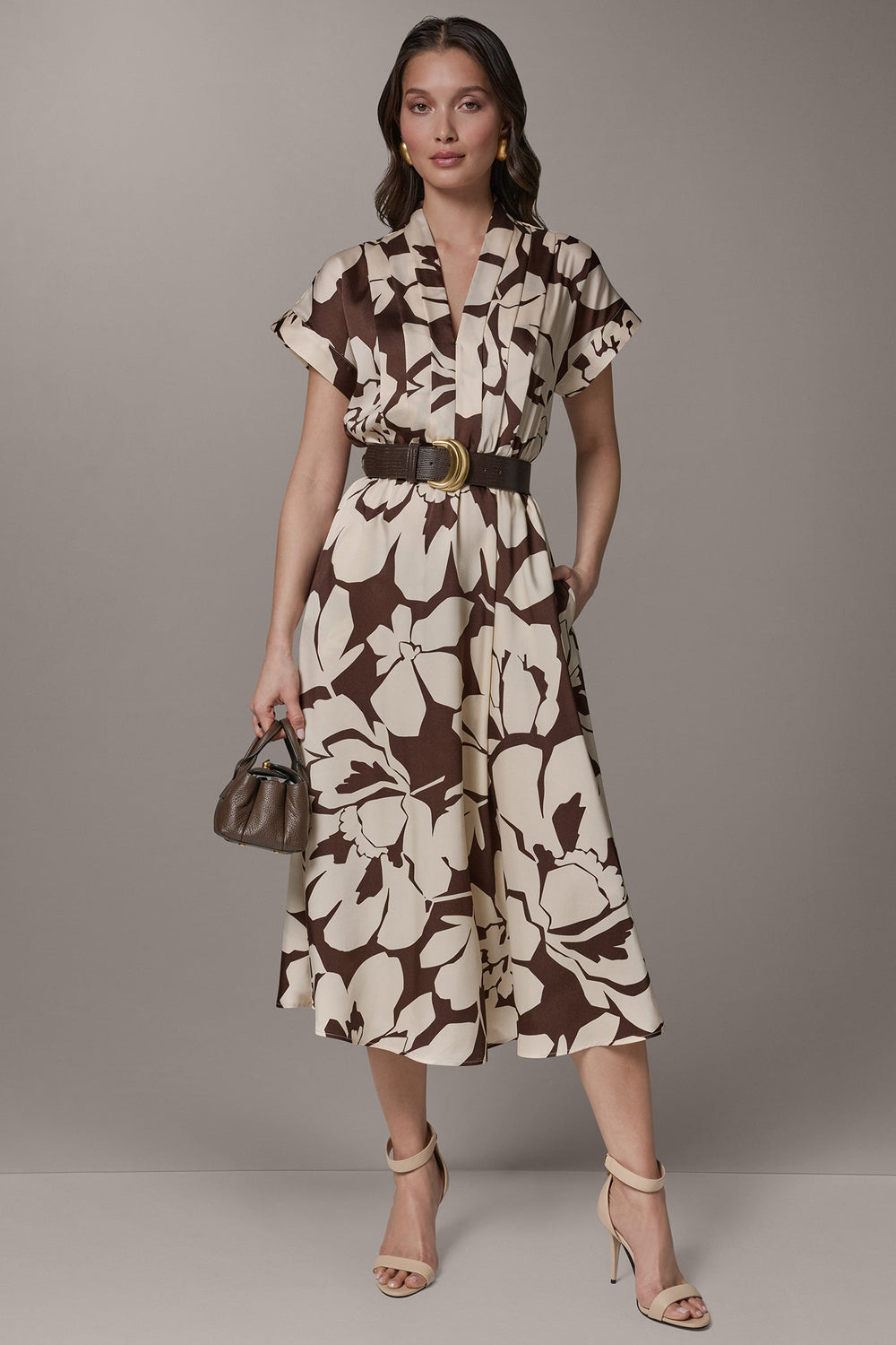 Donna Karan | SHORT SLEEVE FLORAL MIDI A-LINE DRESS