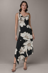 Donna Karan | SLEEVELESS COWL-NECK ASYMMETRIC FLORAL MIDI DRESS