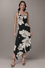 Donna Karan | SLEEVELESS COWL-NECK ASYMMETRIC FLORAL MIDI DRESS