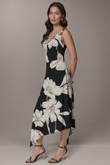 Donna Karan | SLEEVELESS COWL-NECK ASYMMETRIC FLORAL MIDI DRESS