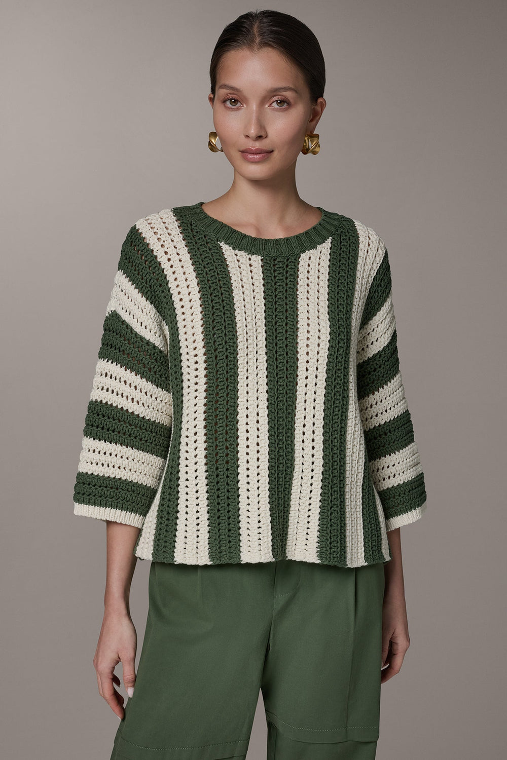 Donna Karan | ELBOW SLEEVE POINTELLE STRIPE SWEATER