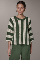 Donna Karan | ELBOW SLEEVE POINTELLE STRIPE SWEATER
