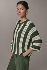 Donna Karan | ELBOW SLEEVE POINTELLE STRIPE SWEATER