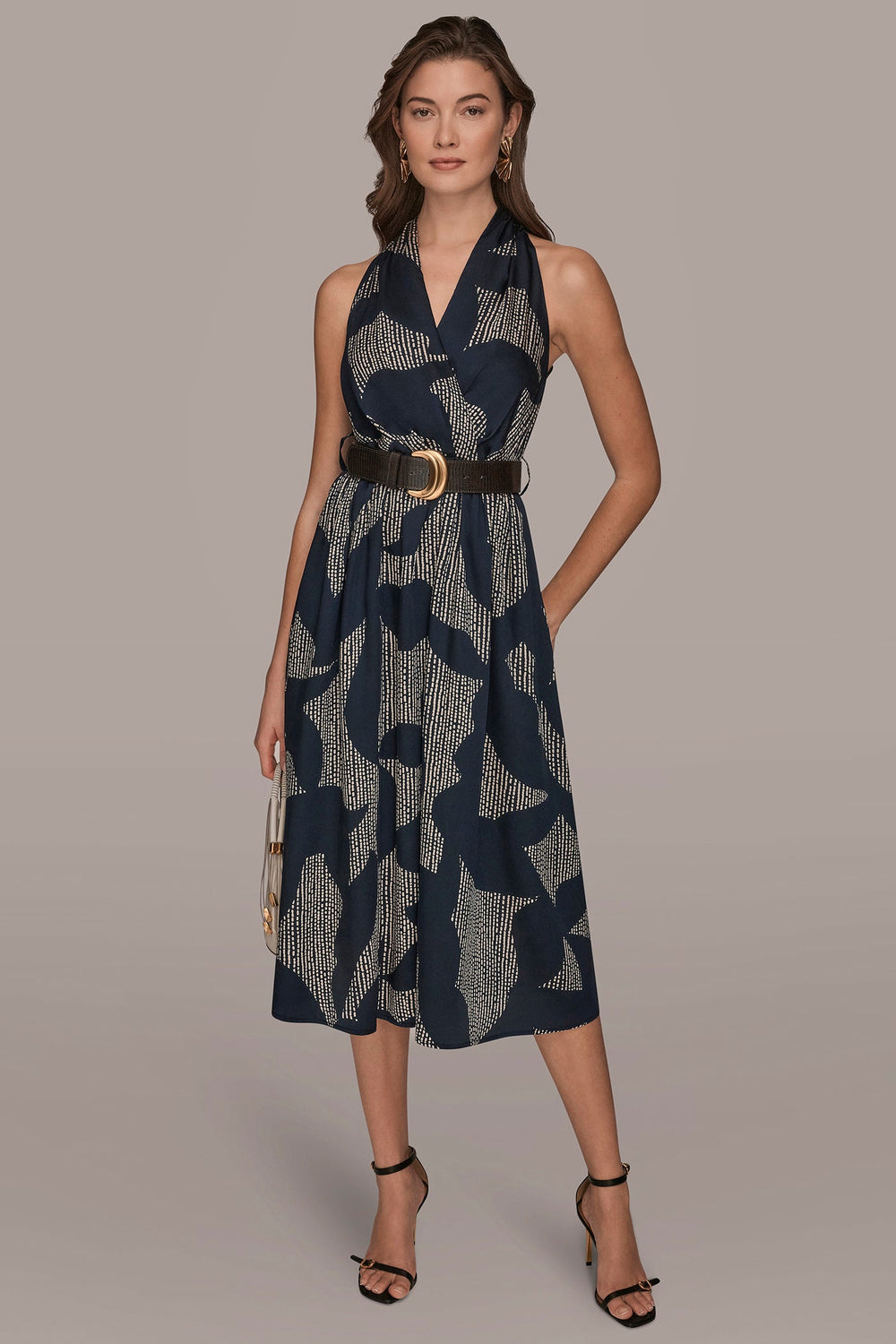Donna Karan | PRINTED WRAP MIDI HALTER DRESS