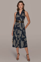 Donna Karan | PRINTED WRAP MIDI HALTER DRESS