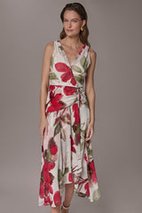 Donna Karan | CHIFFON FLORAL WRAP MIDI A-LINE DRESS