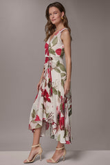 Donna Karan | CHIFFON FLORAL WRAP MIDI A-LINE DRESS