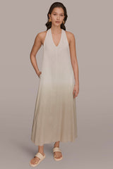 Donna Karan | LINEN-BLEND SLEEVELESS OMBRÉ TWIST-BACK MIDI HALTER DRESS