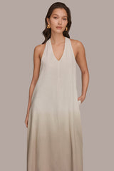 Donna Karan | LINEN-BLEND SLEEVELESS OMBRÉ TWIST-BACK MIDI HALTER DRESS