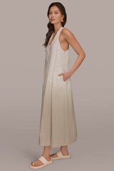 Donna Karan | LINEN-BLEND SLEEVELESS OMBRÉ TWIST-BACK MIDI HALTER DRESS