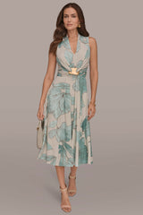 Donna Karan | SLEEVELESS FLORAL GATHERED MIDI A-LINE DRESS