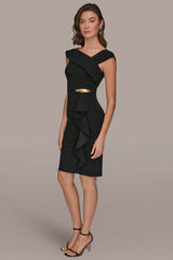 Donna Karan | SHORT SLEEVE ASYMMETRIC RUFFLE SHEATH DRESS