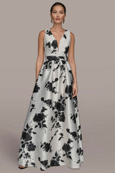 Donna Karan | MIKADO SLEEVELESS V-NECK FLORAL GOWN