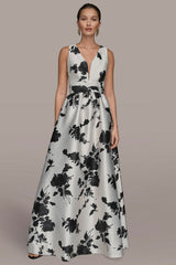 Donna Karan | MIKADO SLEEVELESS V-NECK FLORAL GOWN