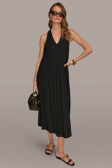 Donna Karan | LINEN-BLEND SLEEVELESS TWIST-BACK MIDI HALTER DRESS