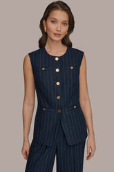 Donna Karan | LINEN-BLEND PINSTRIPE LONGLINE VEST