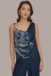 Donna Karan | FLORAL COWL-NECK CUTOUT SHOULDER CAMI