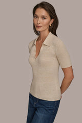 Donna Karan | ELBOW-SLEEVE METALLIC RIBBED POLO SWEATER