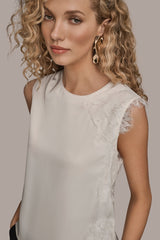 Donna Karan | SLEEVELESS LACE-TRIM CREPE BLOUSE